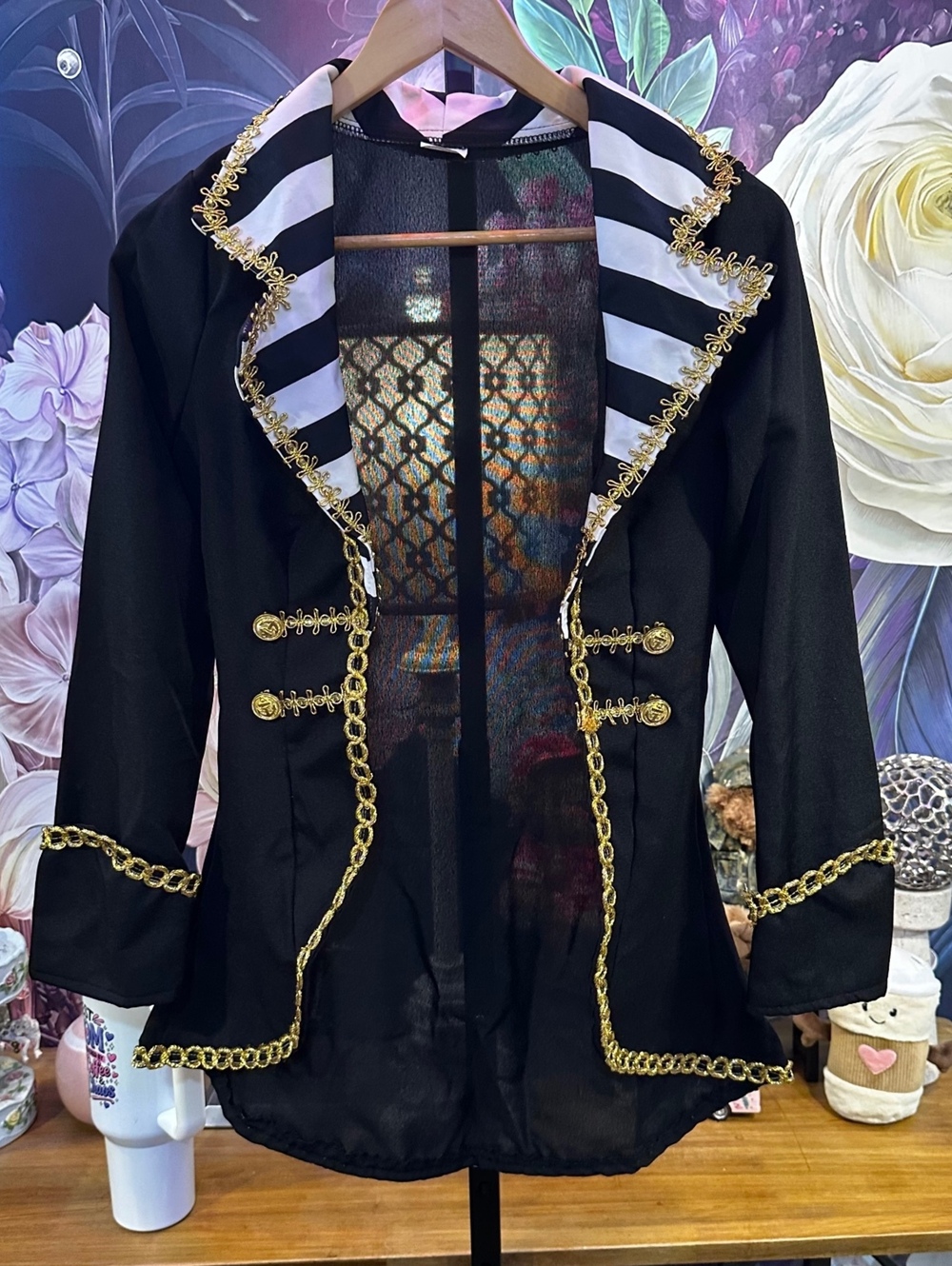 Spirit X-Small Black Pirate Jacket Gold Trim Striped Lapels Anchor Buttons
